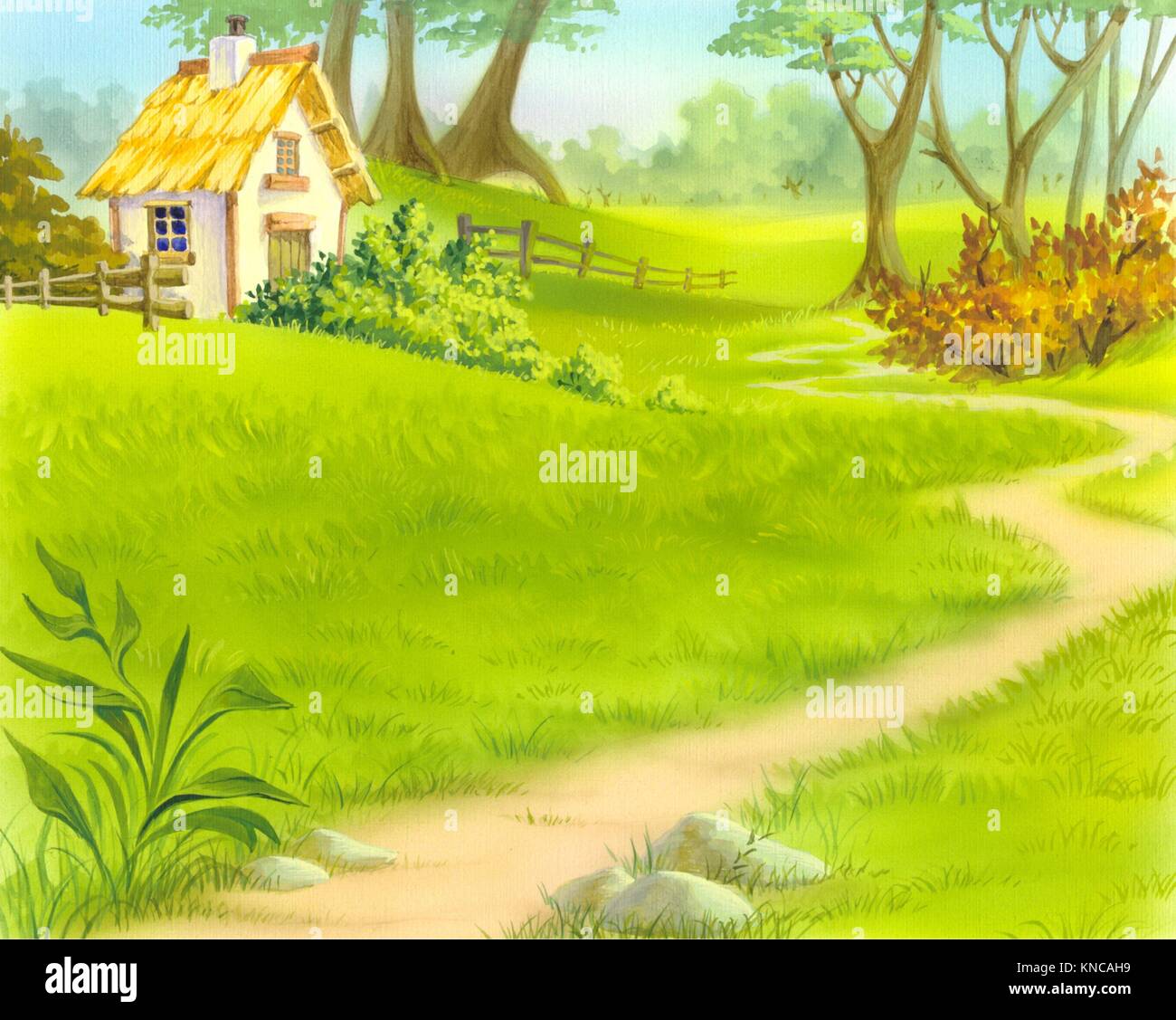 Digital Painting Illustration Of A Path Near Old Wooden House Stock Photo Alamy