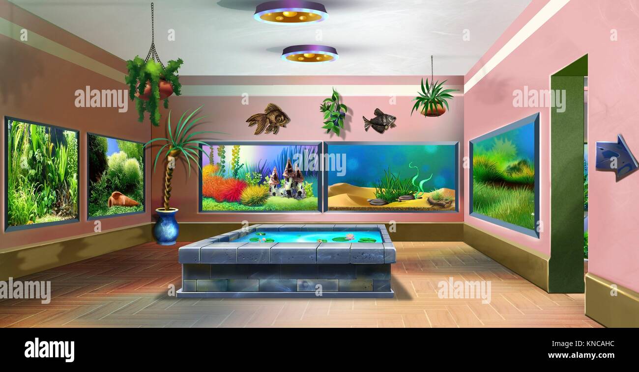 Digital painting of the interior of pet shop with aquariums Stock Photo