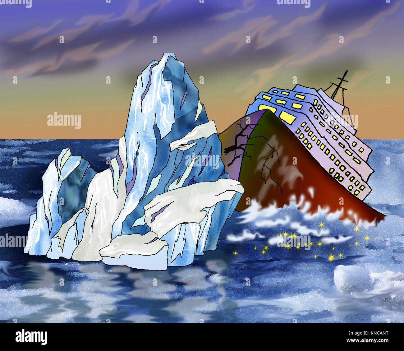 Digital Painting, Illustration of an Iceberg Tearing a gash in hull of the  ocean liner. Cartoon Style Artwork Scene, Story Background Stock Photo -  Alamy