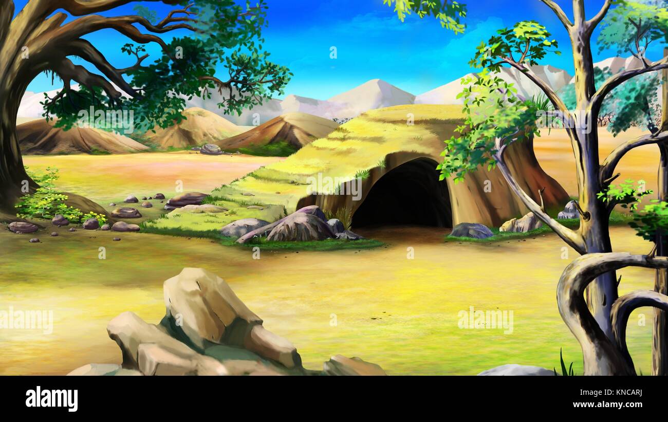 Digital painting of the Stone Cave in the African Bush at Day. Stock Photo