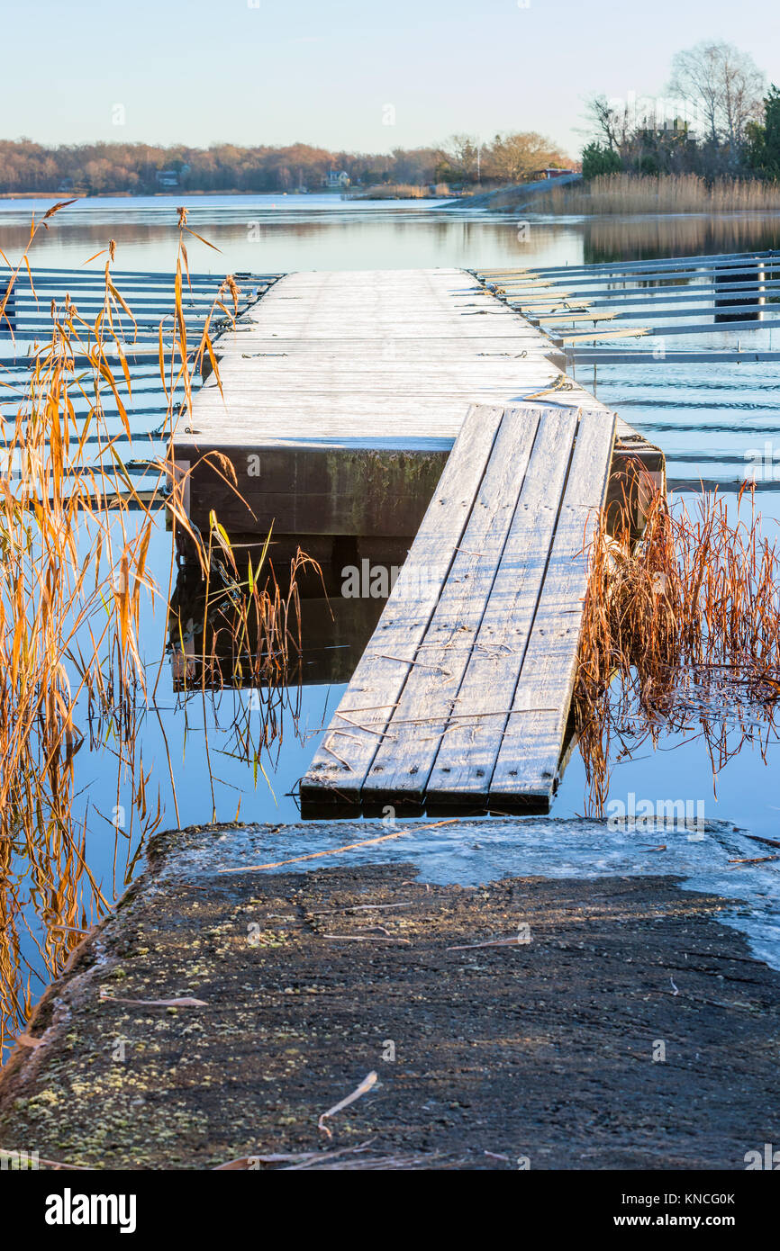 Frost covered gangway to floating pier with coastal landscape in background. Reed beside the gangway. Seawater is motionless in the cold, windless mor Stock Photo