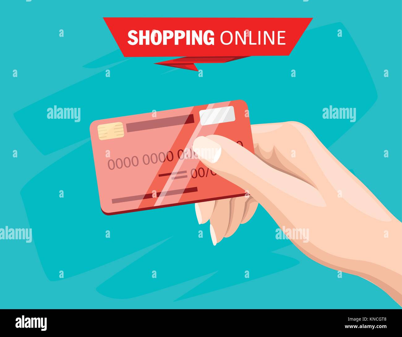 Hand holding red credit card for online payment and shopping flat style vector illustration isolated on turquoise background website page and mobile a Stock Vector