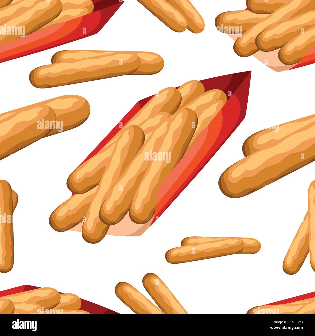 Seamless pattern breaded cheese sticks in red paper box flat style