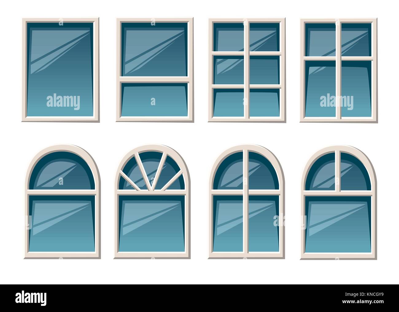 Vector collection of various white windows types for interior and exterior use flat style isolated on white background website page and mobile app des Stock Vector