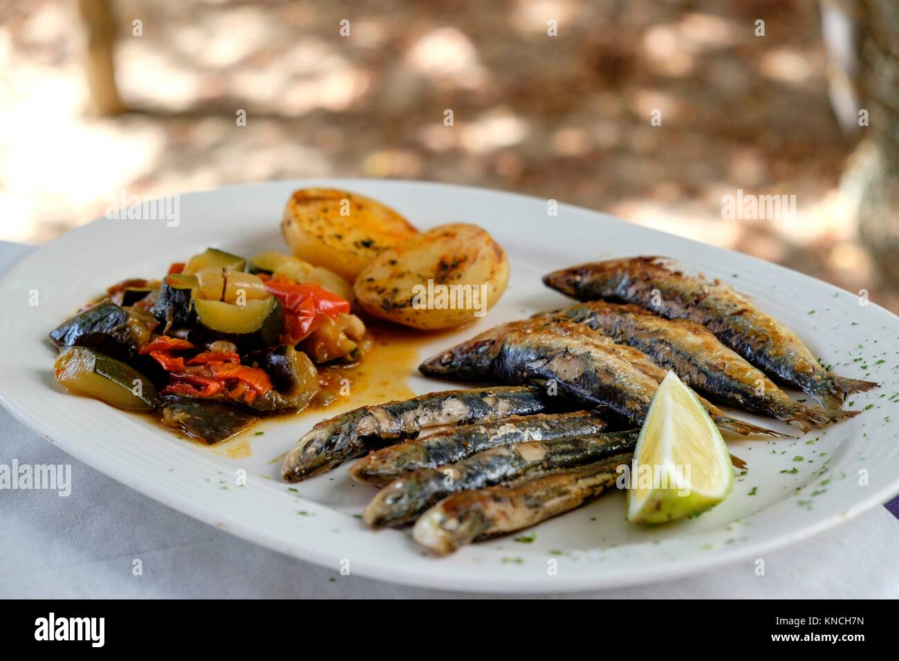 Grilled sardines, restaurante Es Codol Foradat, Beach Club, Formentera, Balearic Islands, Spain