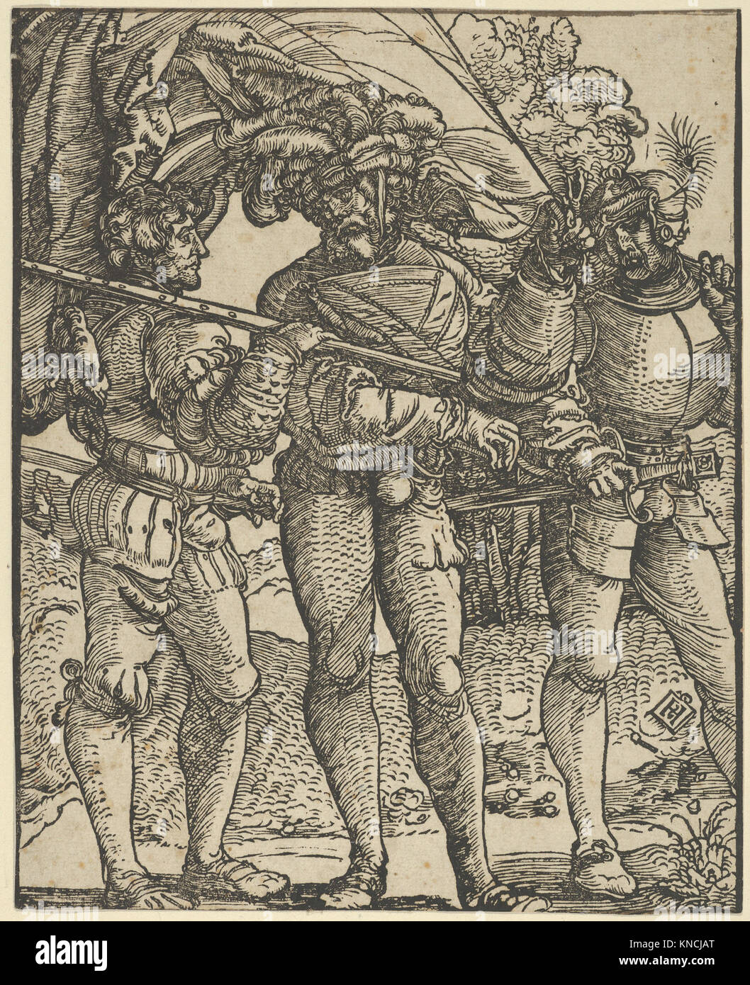 This copy of a historical scene depicts a standard-bearer flanked by ...