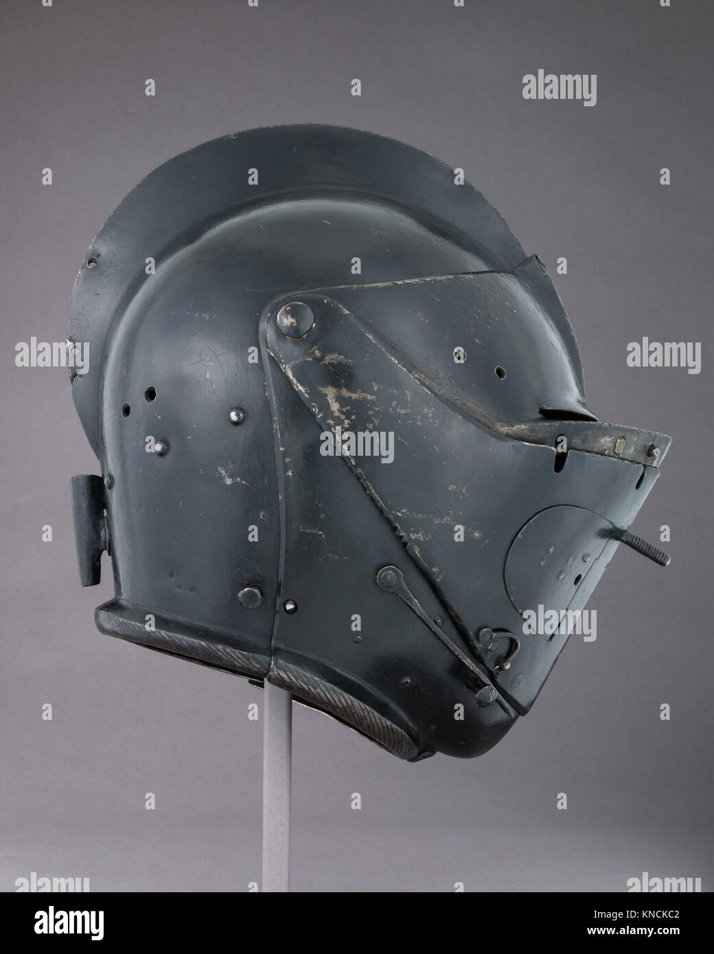 Armet helmet of medieval armor with articulated construction, providing ...