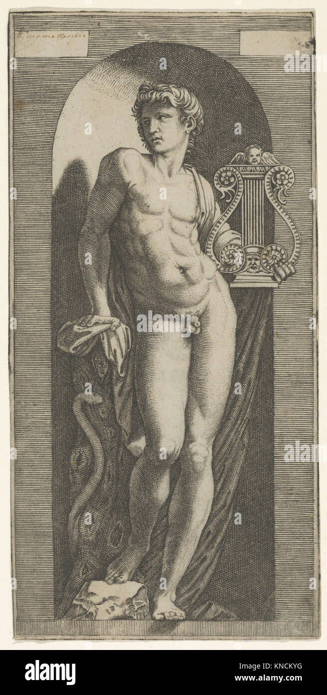 This statue of Apollo shows the Greek god standing in a niche, holding ...