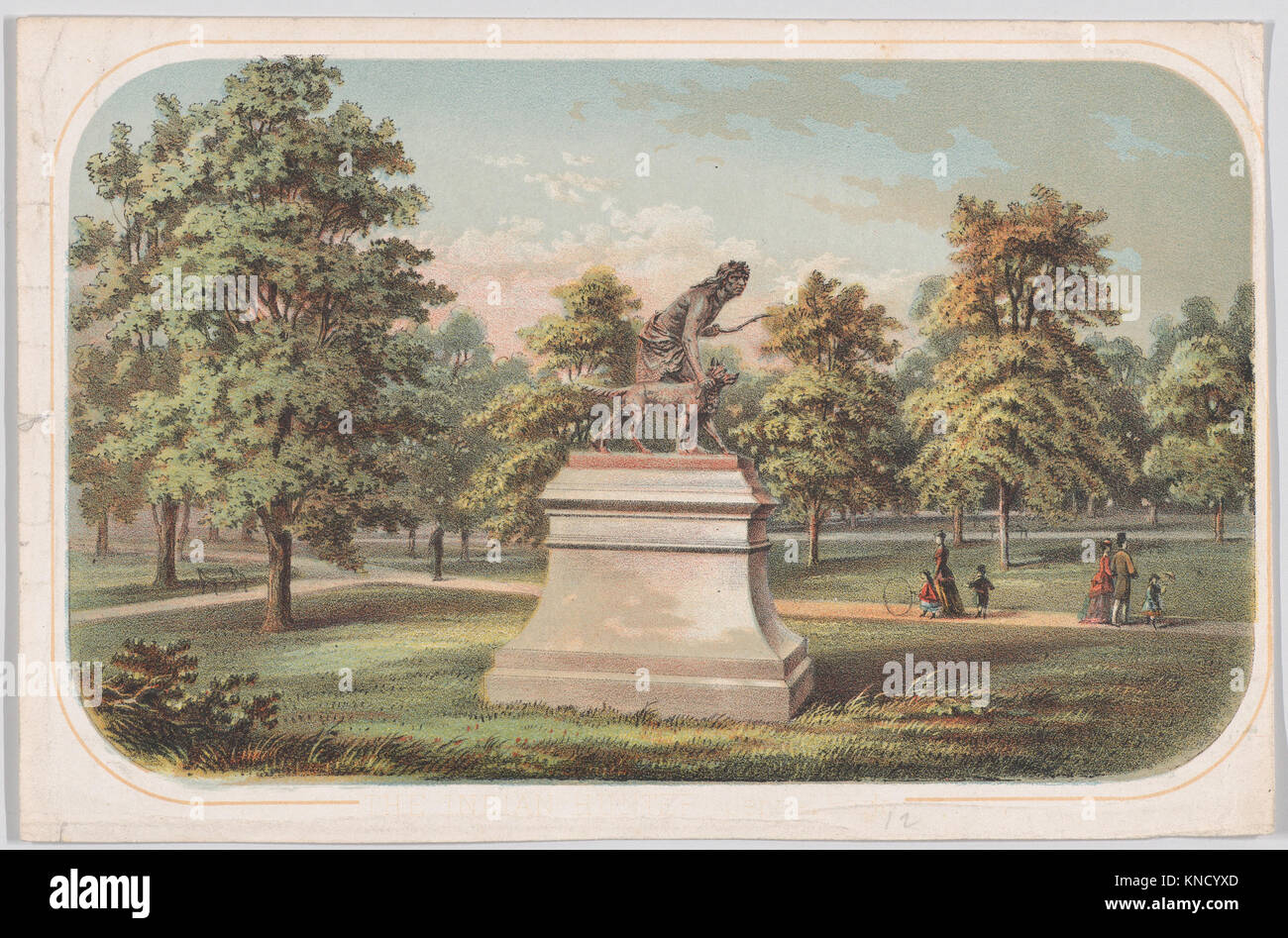 Central Park, Statue of the Indian Hunter Artist: Anonymous, American, 19th century, Artist: Sculpted by John Quincy Adams Ward, American, Urbana, Ohio 1830-1910 New York, Central Park, Statue of the Indian Hunter, 1869, Hand-colored lithograph, image: 4 13/16 x 8 in. (12.3 x 20.3 cm) sheet: 5 9/16 x 8 7/16 in. (14.1 x 21.5 cm). Stock Photo