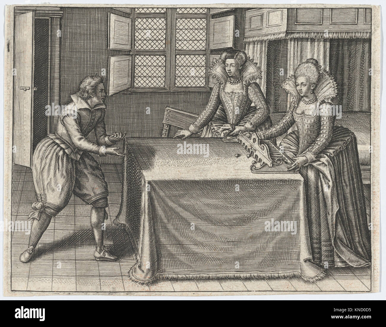 Enigmes Joyeuses pour les Bons Esprits Artist: Jan van Haelbeeck, Flemish, active Paris (and Copenhagen), ca. 1600-1630, died Paris, ca. 1630, Artist: Jean Leclerc IV, French, baptized 1560, died Paris, 1622, Enigmes Joyeuses pour les Bons Esprits, Plate 6, ca. 1615, Copper engraving Stock Photo