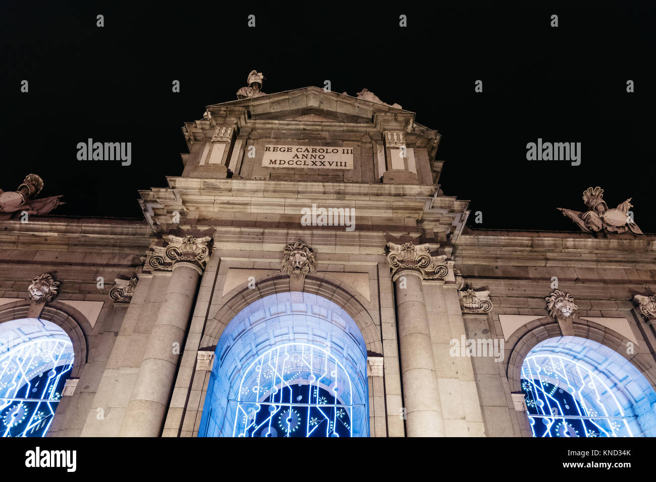 Puerta of Alcala in Madrid at night on Christmas time Stock Photo