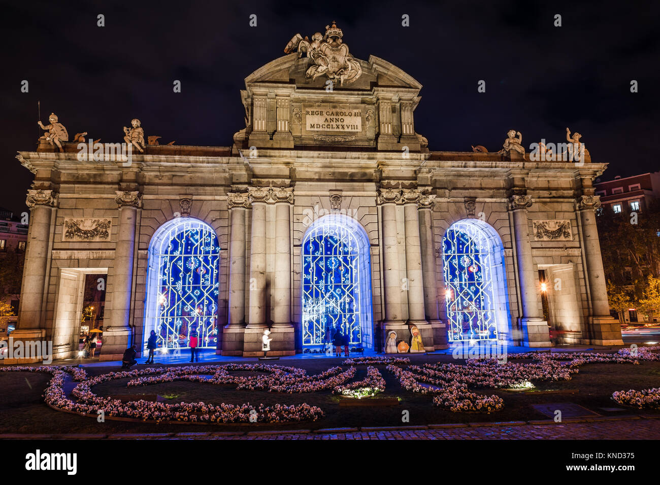 Puerta of Alcala in Madrid at night on Christmas time Stock Photo