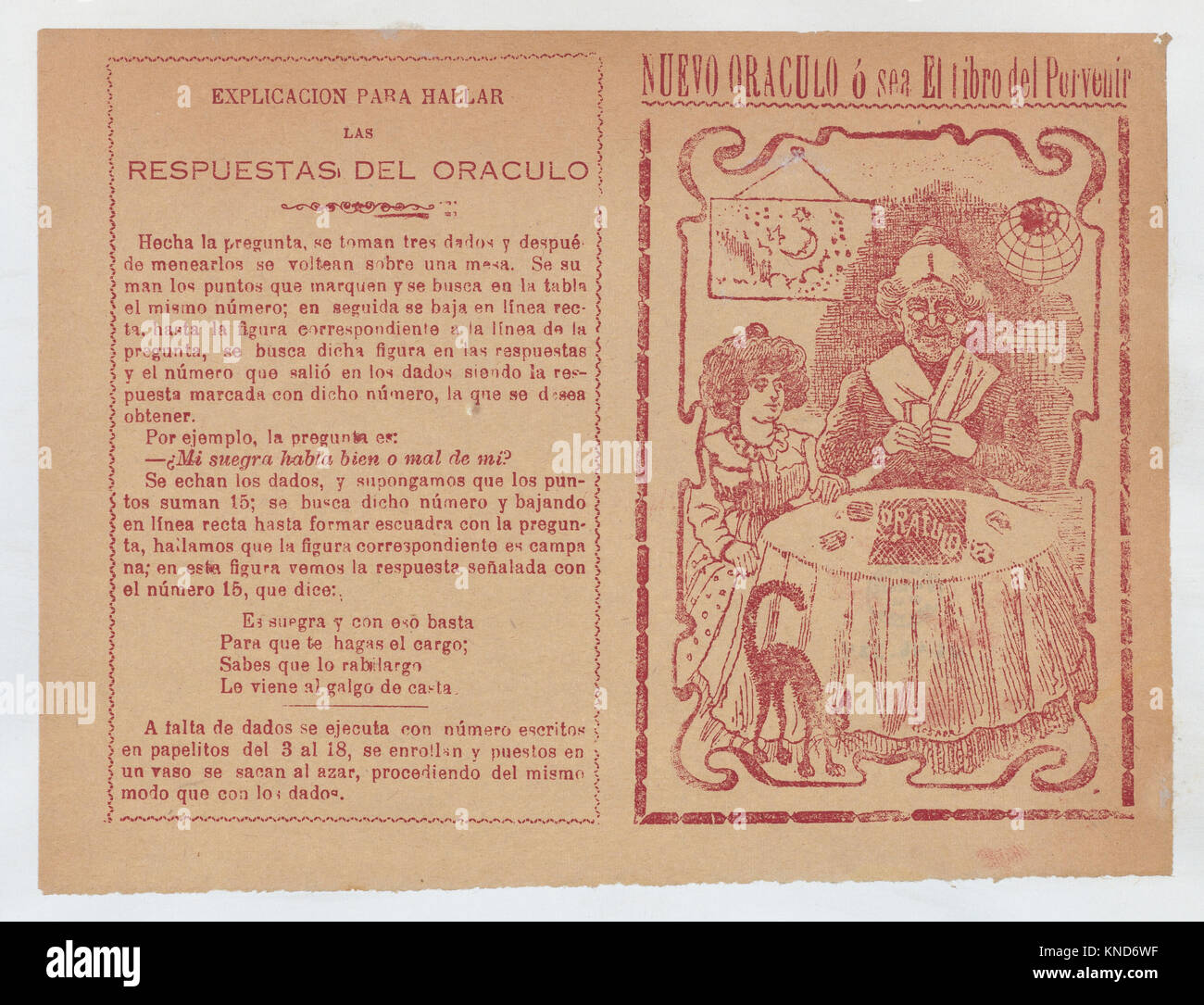 Cover for 'Nuevo Oraculo ó sea El Libro del PorvenC3ADr', an old women seated at a table and reading someone's fortune from cards MET DP868401 738065 Artist: Jos? Guadalupe Posada, Mexican, 1851?1913, Publisher: Antonio Vanegas Arroyo, 1850?1917, Mexican, Cover for 'Nuevo Oraculo ? sea El Libro del Porven?r', an old women seated at a table and reading someone's fortune from cards, ca. 1880?1910, Photo-relief and letterpress in red ink on tan paper, Sheet: 5 13/16 ? 7 7/8 in. (14.8 ? 20 cm). The Metropolitan Museum of Art, New York. The Elisha Whittelsey Collection, The Elisha Whittelsey Fund,  Stock Photo