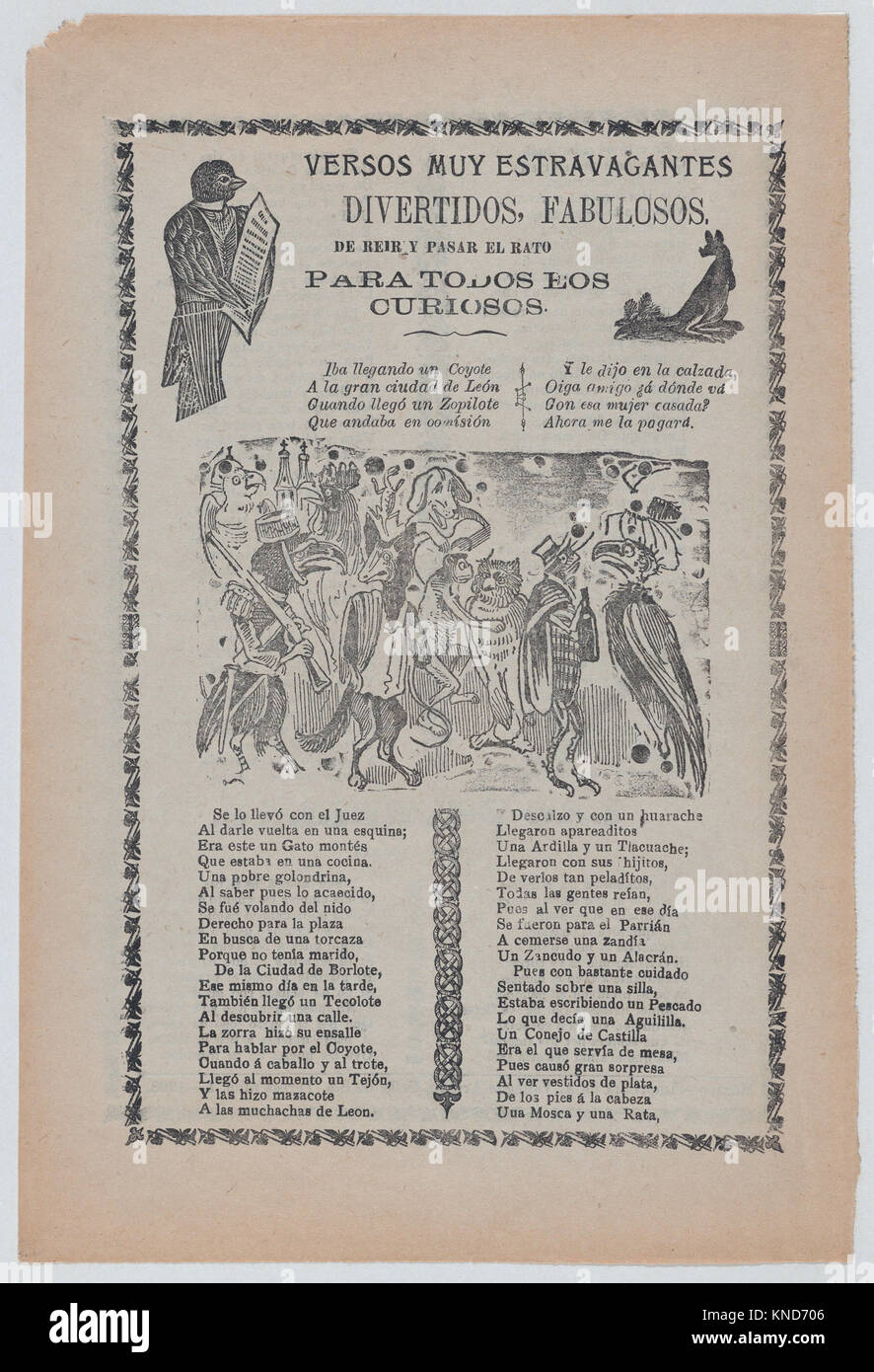 Broadsheet with comic verses, a group of animals wearing human clothes and playing music MET DP868505 736893 Artist: Jos? Guadalupe Posada, Mexican, 1851?1913, Broadsheet with comic verses, a group of animals wearing human clothes and playing music, ca. 1908, Photo-relief and letterpress on tan paper, Sheet: 12 in. ? 7 15/16 in. (30.5 ? 20.2 cm). The Metropolitan Museum of Art, New York. The Elisha Whittelsey Collection, The Elisha Whittelsey Fund, 1946 (46.46.144) Stock Photo
