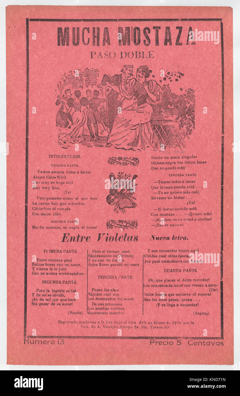 Broadsheet with songs for a two-step dance (paso doble), a man and woman talking while elegantly dressed couples dance in the background MET DP868551 737850 Artist: Jos? Guadalupe Posada, Mexican, 1851?1913, Publisher: Antonio Vanegas Arroyo, 1850?1917, Mexican, Broadsheet with songs for a two-step dance (paso doble), a man and woman talking while elegantly dressed couples dance in the background, ca. 1918 (published), Photo-relief and letterpress on pink paper, Sheet: 12 in. ? 7 11/16 in. (30.5 ? 19.5 cm). The Metropolitan Museum of Art, New York. The Elisha Whittelsey Collection, The Elisha  Stock Photo