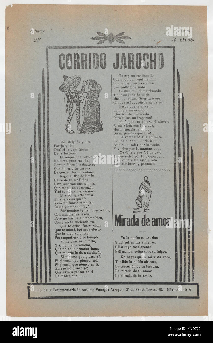 Broadside with two love ballads (corridos), figures dancing upper left and a woman wearing a shawl and skirt lower right MET DP868545 737811 Artist: Jos? Guadalupe Posada, Mexican, 1851?1913, Publisher: Antonio Vanegas Arroyo, 1850?1917, Mexican, Broadside with two love ballads (corridos), figures dancing upper left and a woman wearing a shawl and skirt lower right, ca. 1918 (published), Photo-relief and letterpress on gray paper, Sheet: 12 in. ? 7 3/4 in. (30.5 ? 19.7 cm). The Metropolitan Museum of Art, New York. The Elisha Whittelsey Collection, The Elisha Whittelsey Fund, 1946 (46.46.194) Stock Photo