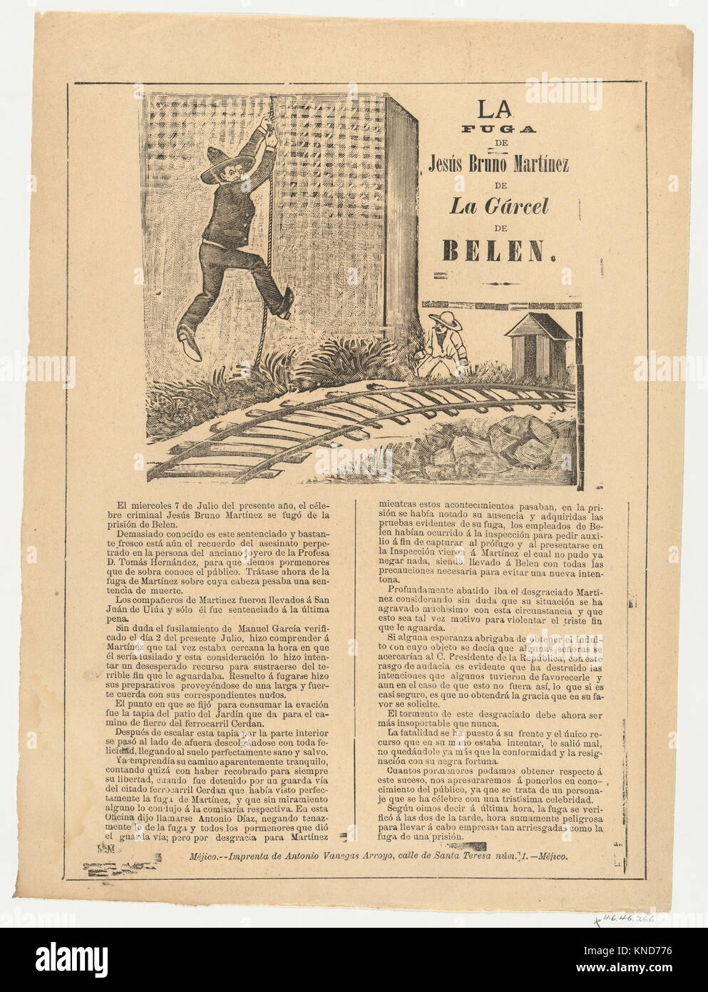 Broadsheet relating to the escape of JesC3BAs Bruno MartC3ADnez from Belen prison, a description in the bottom section MET DP869190 717139 Artist: ? Jos? Guadalupe Posada, Mexican, 1851?1913, Publisher: Antonio Vanegas Arroyo, 1850?1917, Mexican, Broadsheet relating to the escape of Jes?s Bruno Mart?nez from Belen prison, a description in the bottom section, ca. 1892, Photorelief and letterpress on tan paper, Sheet: 15 3/4 ? 11 13/16 in. (40 ? 30 cm). The Metropolitan Museum of Art, New York. The Elisha Whittelsey Collection, The Elisha Whittelsey Fund, 1946 (46.46.266) Stock Photo