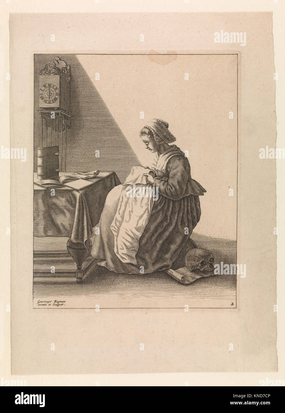 A Young Woman Ruffling, Plate 2 from Five Feminine Occupations MET DP-12294-001 387970 Artist: Geertruydt Roghman, Dutch, Amsterdam 1625?1651/57 Amsterdam (?), A Young Woman Ruffling, Plate 2 from Five Feminine Occupations, ca. 1640?57, Engraving, Plate: 8 1/16 x 6 1/2 in. (20.5 x 16.5 cm) Sheet: 11 1/8 x 8 1/4 in. (28.3 x 21 cm). The Metropolitan Museum of Art, New York. The Elisha Whittelsey Collection, The Elisha Whittelsey Fund, 1956 (56.550.3) Stock Photo