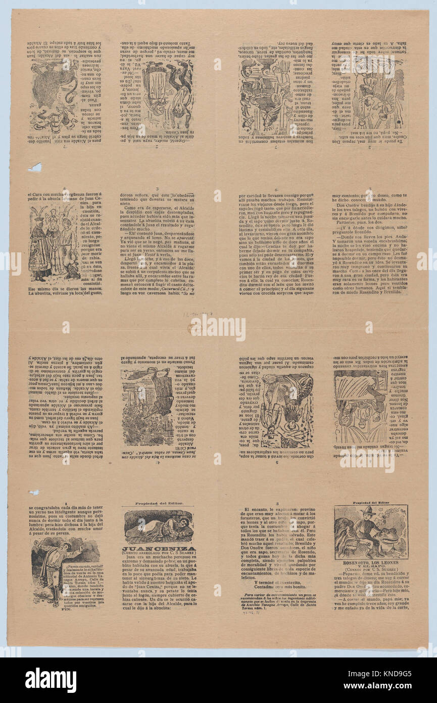 An uncut sheet printed on both sides with pages from 'Juan Ceniza' (cuento arreglado por C. S. Suarez) and 'Rosendito, los leones y el sapo' (cuento por C. S. Suarez) MET DP873189 746685 Stock Photo