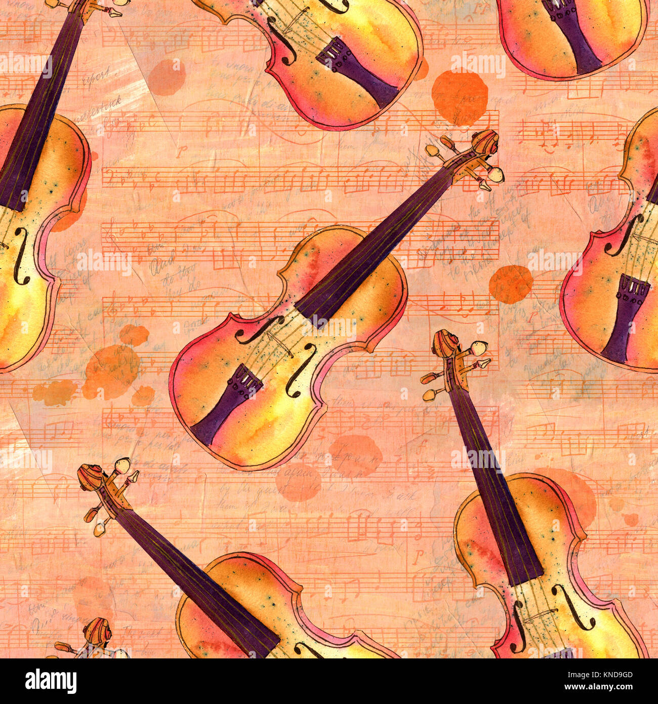 Seamless pattern with watercolor violins, aged sheet music and texts Stock Photo