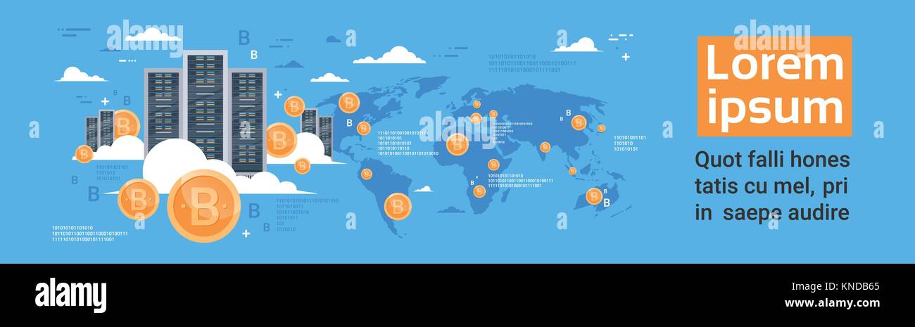 Bitcoin Mining Farm Concept Over World Map Background Horizontal Banner Stock Vector