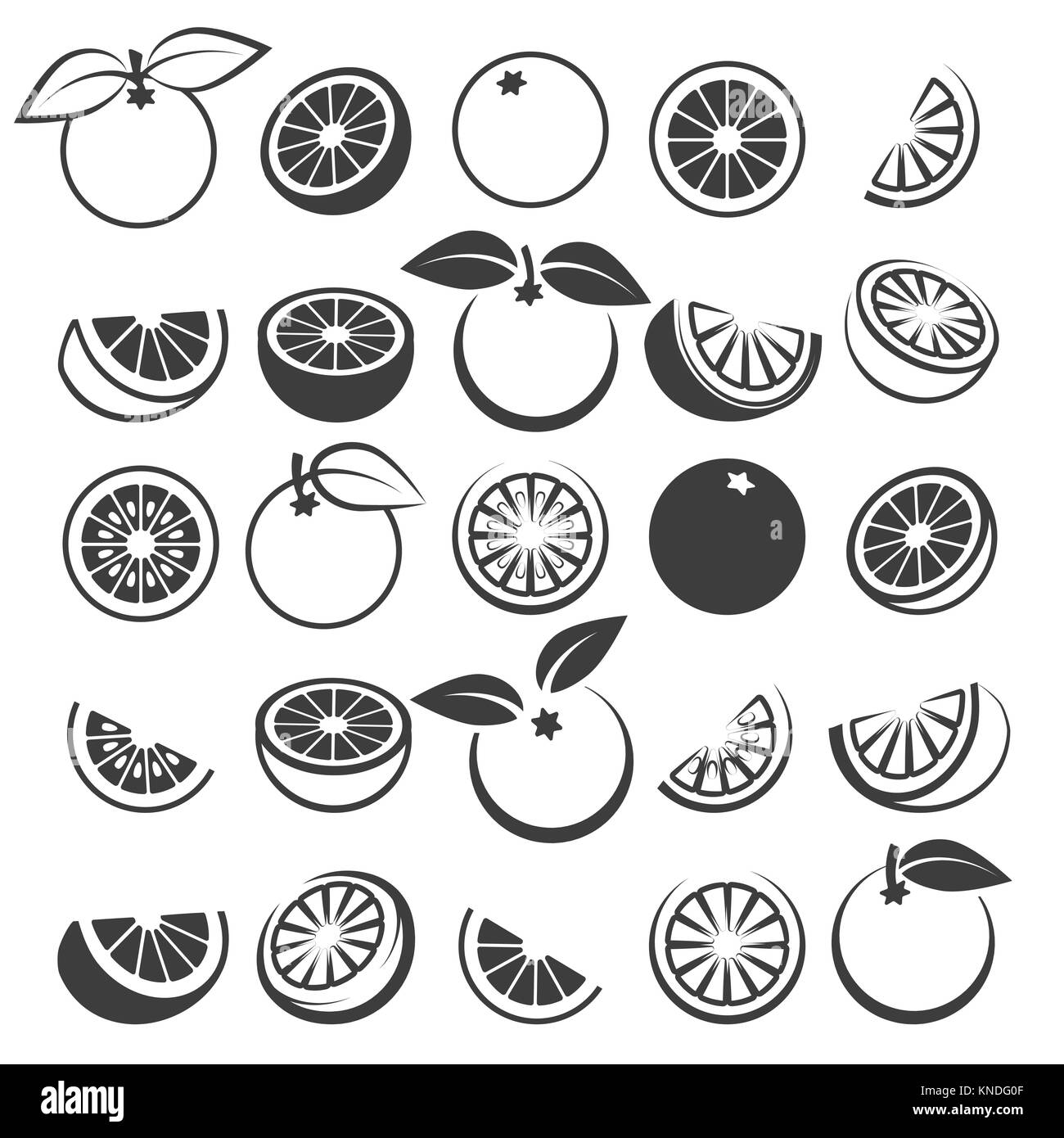 Orange icons. Tasty fresh vector black oranges fruits isolated on white background, citrus wedge, half and slices silhouette set Stock Vector