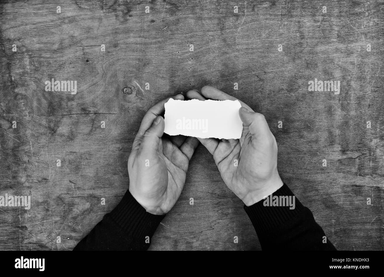 monochrome photo male hands holding a white blank sheet of paper Stock ...