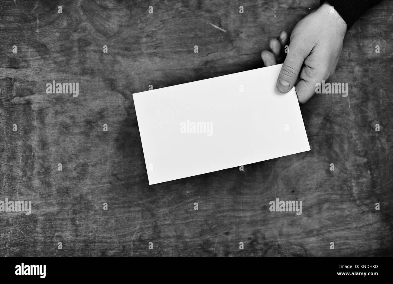 monochrome photo male hands holding a white blank sheet of paper Stock ...