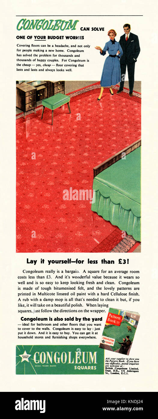 Advert for Congoleum flooring. It appeared in a magazine published in the UK in 1957. Congoleum was a floor covering made from squares of bitumenised felt tiles covered in a patterned linseed oil/cellulose paint finish. It gave the appearance of a carpet covered floor but was much cheaper Stock Photo