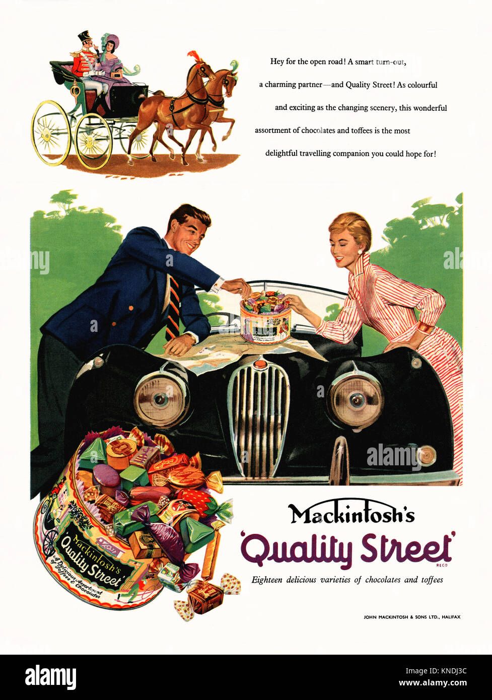 Old advert for a large variety tin of Mackintosh's 'Quality Street' chocolates and toffees. It appeared in a magazine published in the UK in 1957. The illustration shows a couple enjoying the wrapped sweets in front of a vintage sports car Stock Photo