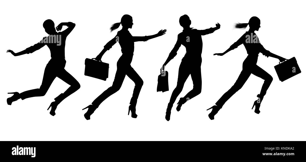 Collage of woman's silhouette jumping. Stock Photo