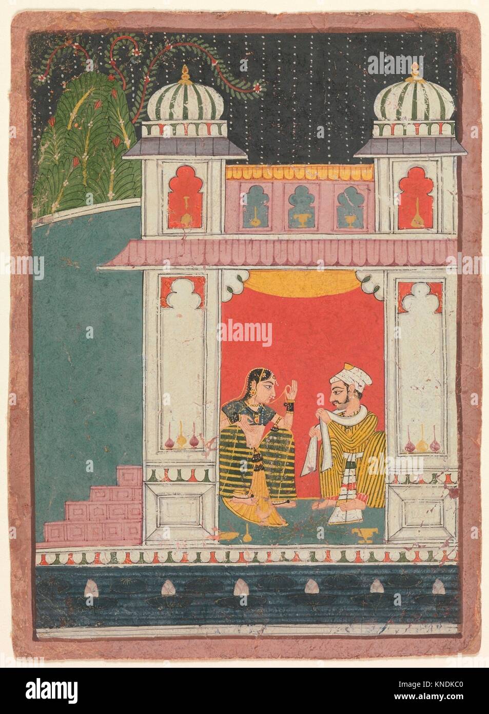 A Heroine and Her Lover in a Pavilion: Page from a Dispersed Nayikabheda. Date: ca. 1660-80; Culture: India (Madhya Pradesh, Malwa); Medium: Ink and Stock Photo