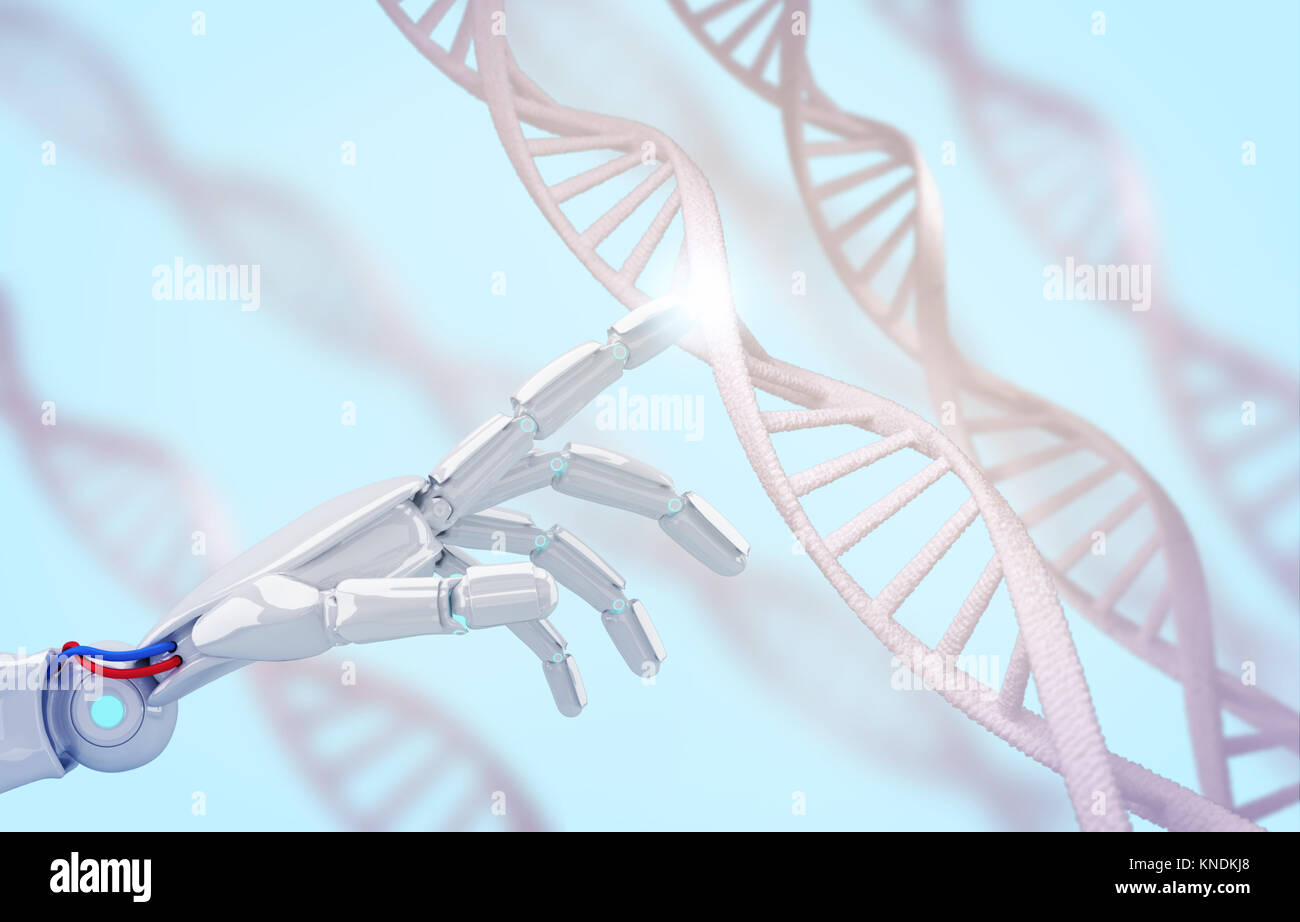 White robotic hand touches DNA chain. 3d rendering Stock Photo - Alamy