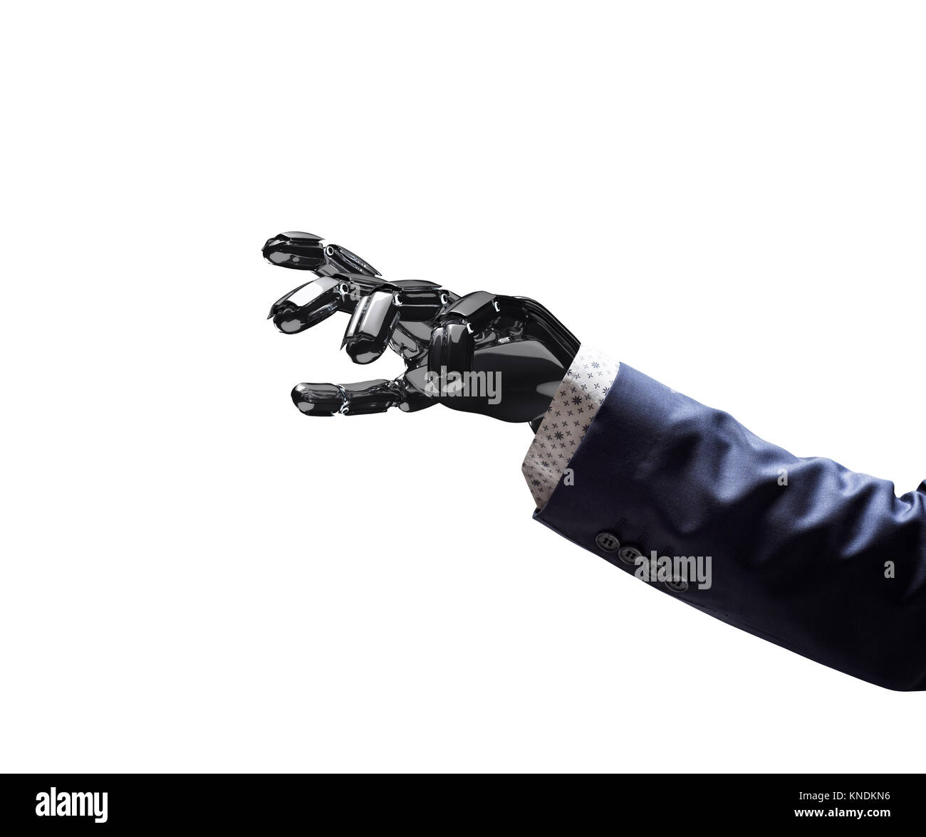Robotic hand in business suit point on something. Stock Photo
