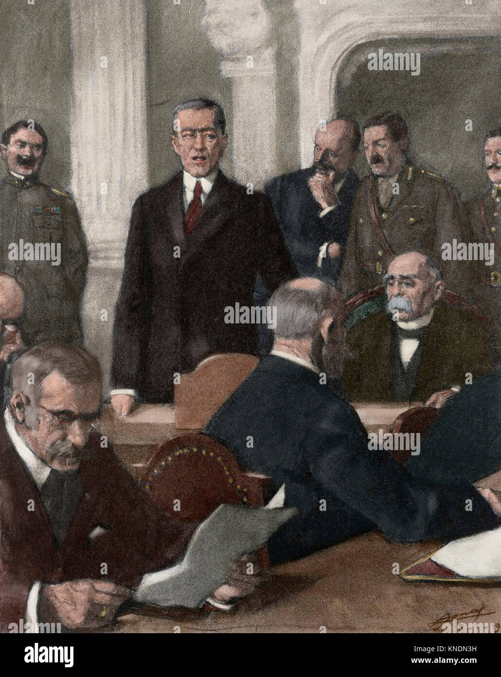 France. Paris Peace Conference, 1919. The President of United States, Thomas Woodrow Wilson (1856-1924) presenting the Prime Minister of France, George Clemenceau (1841-1929) as permanent head of the Conference. Engraving. 'La Ilustracion Francesa'. Colored. Stock Photo