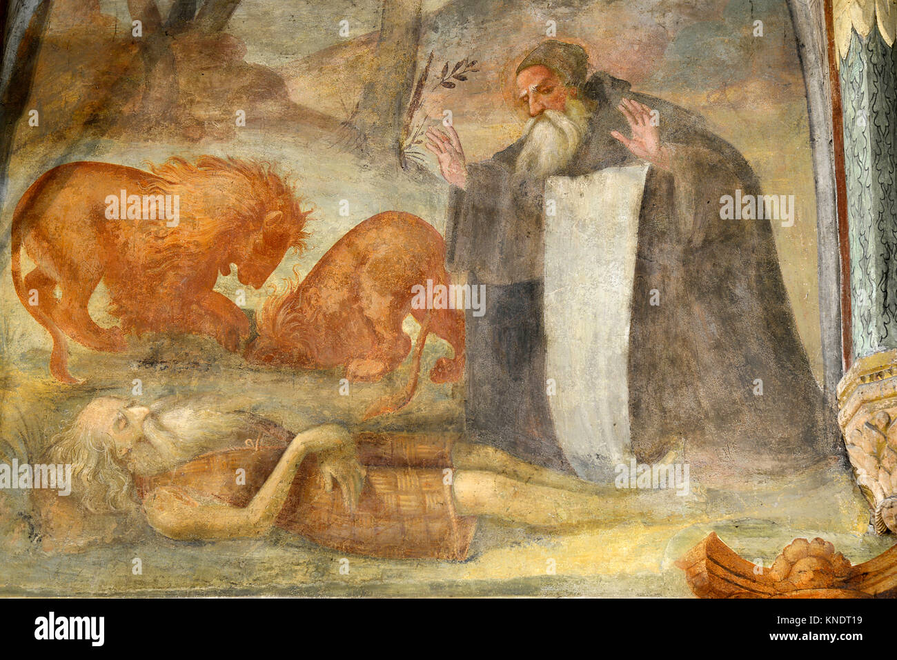 Italy S.Daniele del Friuli Church of S. Antonio Abate. Cycle of frescoes from the 15th century by Pellegrino da San Daniele. On the left of the apse narrating the burial of St. Peter. Stock Photo