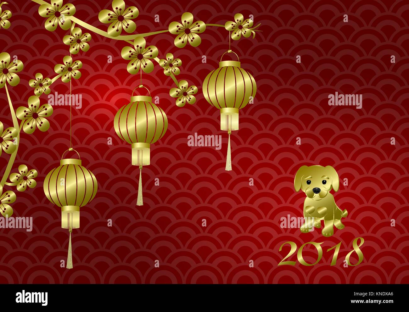 Chinese New Year. Stylized copper, bronze. Chinese lanterns on a cherry branch. The dog. Sakura. red background. illustration Stock Vector