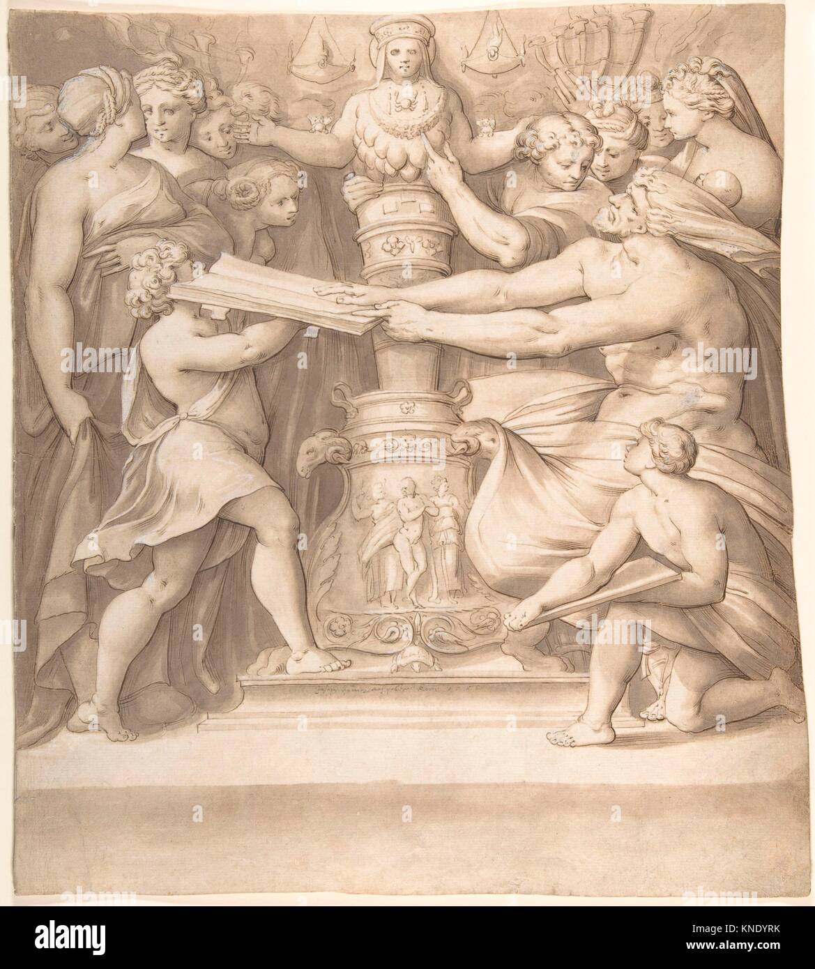 Figures Adoring a Statue of the Magna Mater. Artist: Joseph Heintz the Elder (Swiss, Basel 1564-1609 Prague); Artist: After Polidoro da Caravaggio Stock Photo
