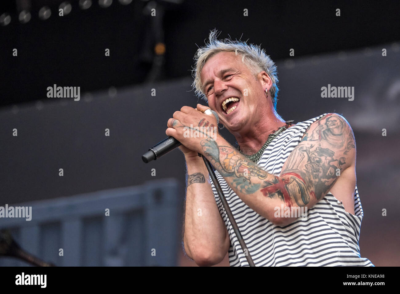 The German power metal band In Extremo performs a live concert at the Swiss music festival Greenfield Festival 2015 in Interlaken. Here vocalist Michael Robert Rhein aka Das Letzte Einhorn is seen live on stage. Switzerland, 12/06 2015. Stock Photo