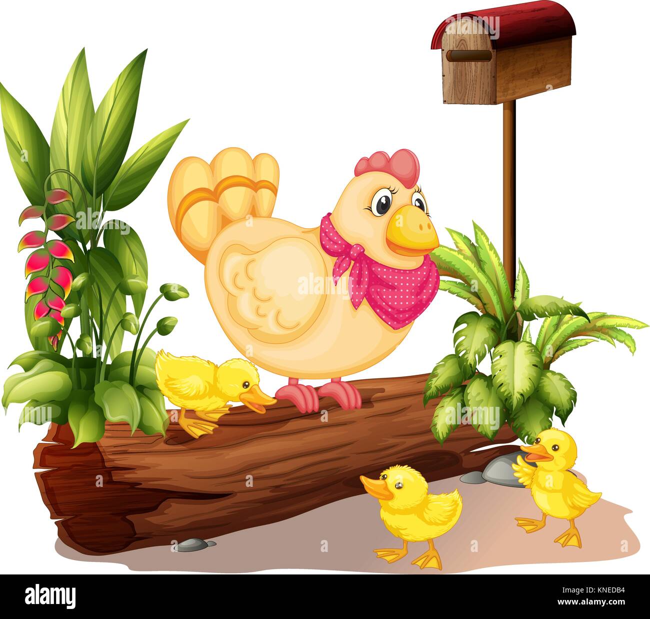 Illustration of a mother duck and her ducklings on a white background