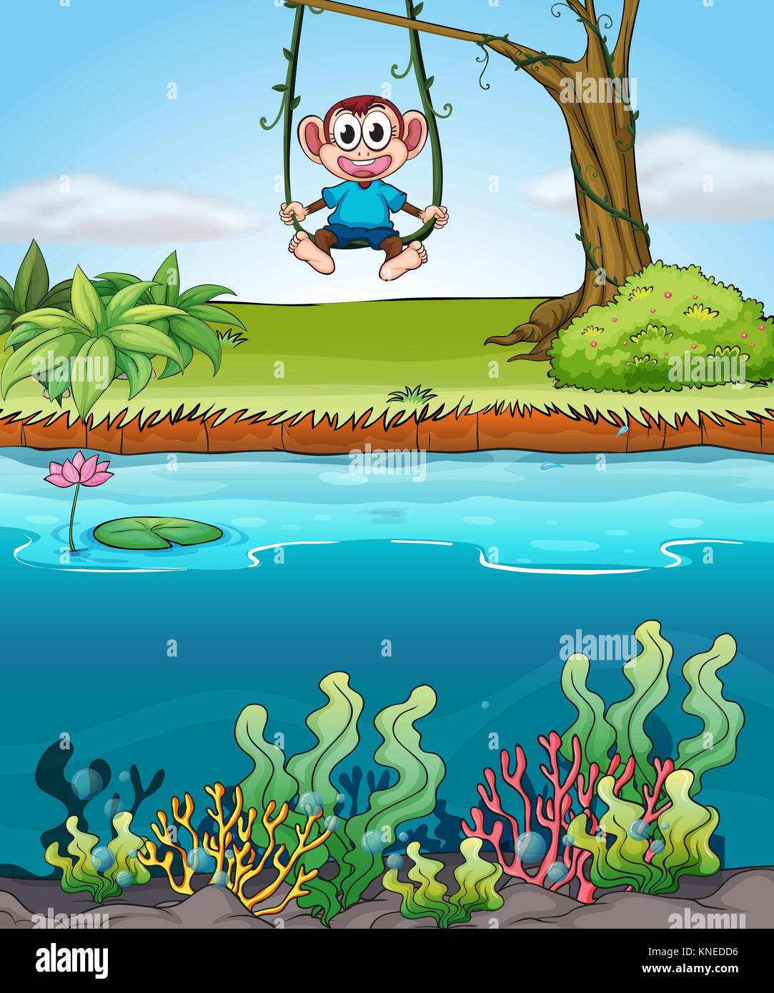 Illustration of a monkey swining near the pond Stock Vector