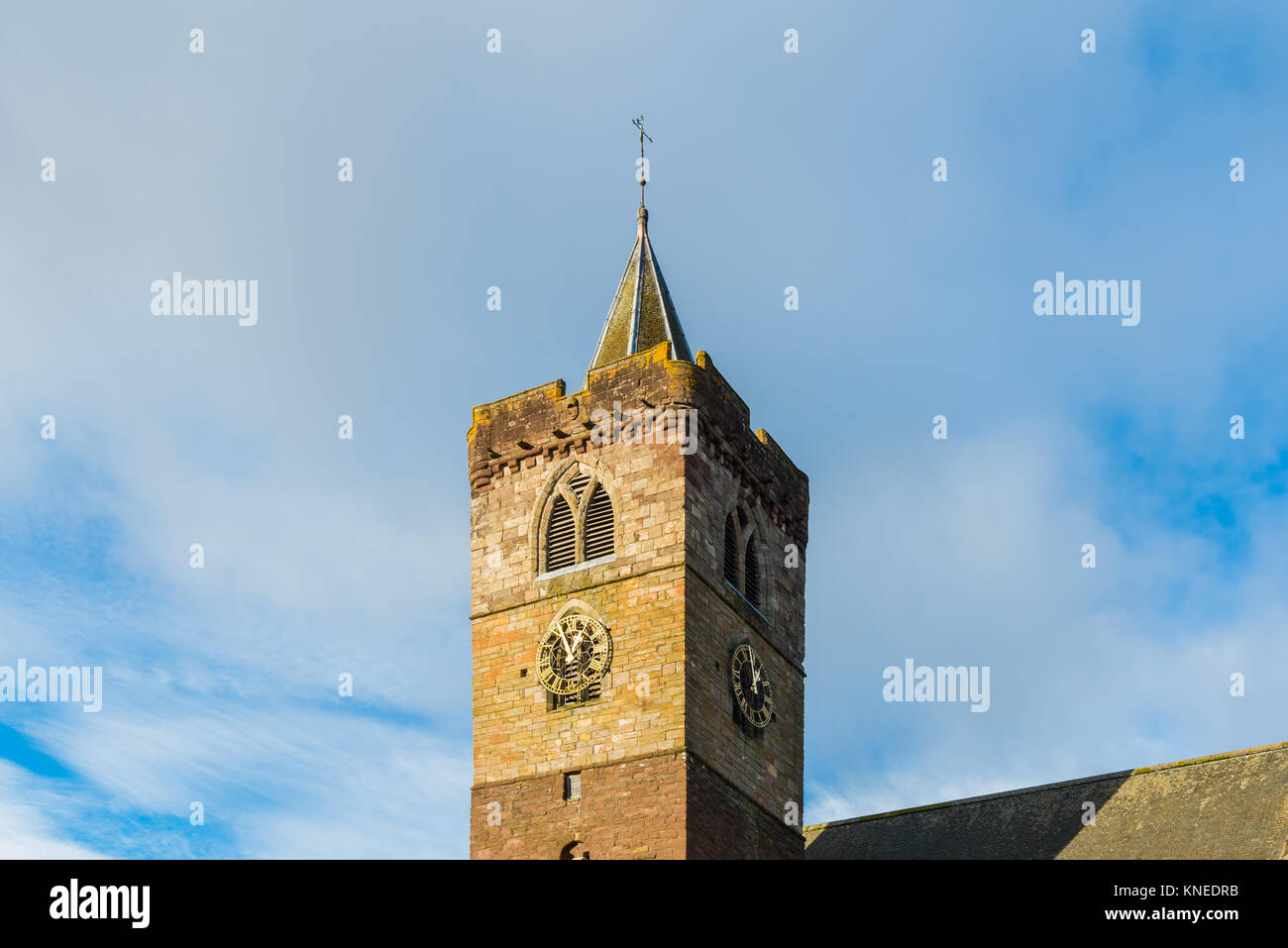 Dunblane,Scotland,UK-December 04,2017: The Clock Tower of Dunblane Cathedral with its elegant stone work and ancient clock. Stock Photo