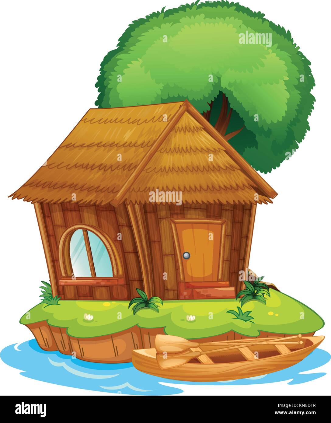 Illustration of a house on an island together with a tree and a canoe Stock Vector