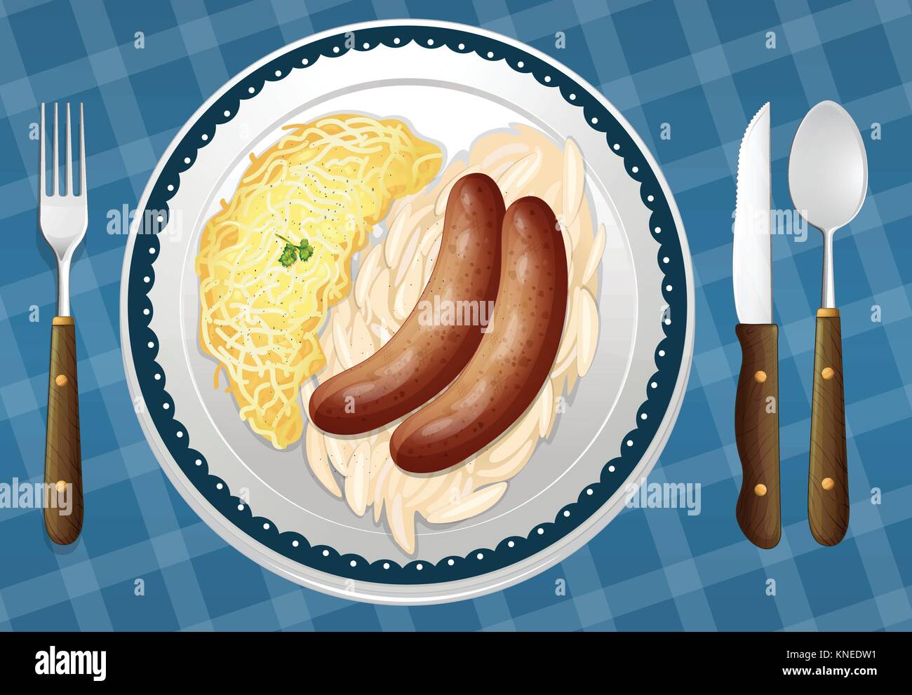 illustration of sausages, spaetzle and sauerkraut on a blue background