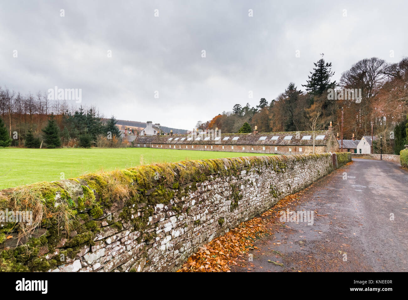 Glamis,Scotland,UK-December 06,2017: The village buildings in the village of Glamis looking down from the Old Kirk towards Kirk Wynd. Stock Photo