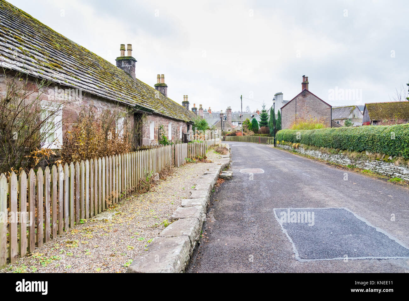 Glamis,Scotland,UK-December 06,2017: The village buildings in the village of Glamis looking along Kirk Wynd into the village centre. Stock Photo