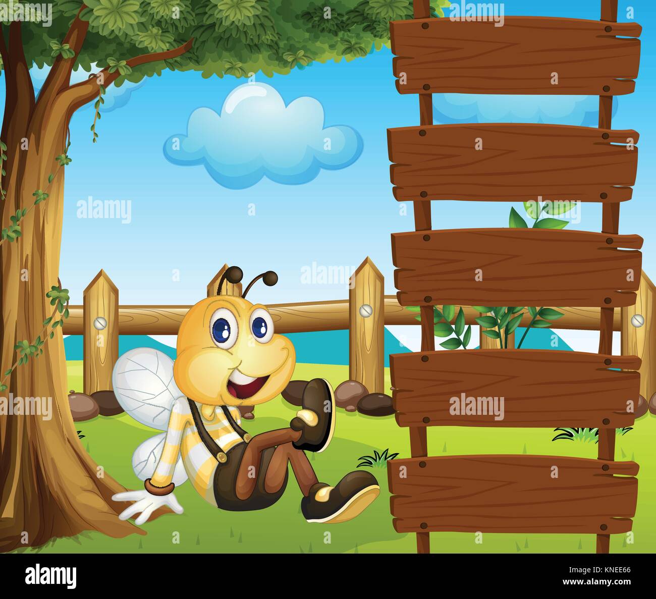Illustration of a bee and the empty wooden signboards Stock Vector ...
