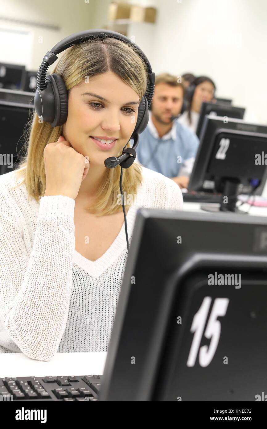 Students in language laboratory, Language training classroom