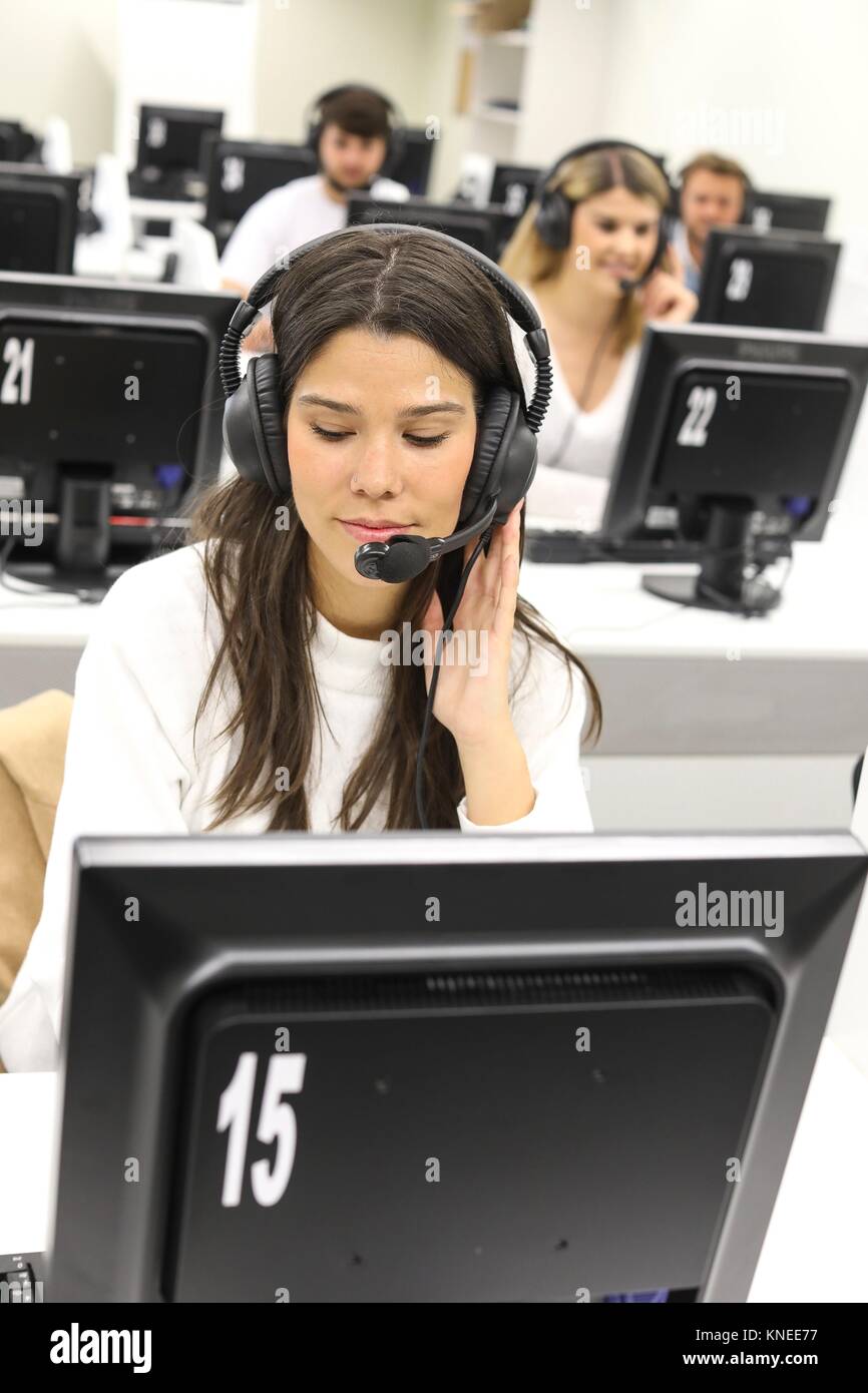 Students in language laboratory, Language training classroom