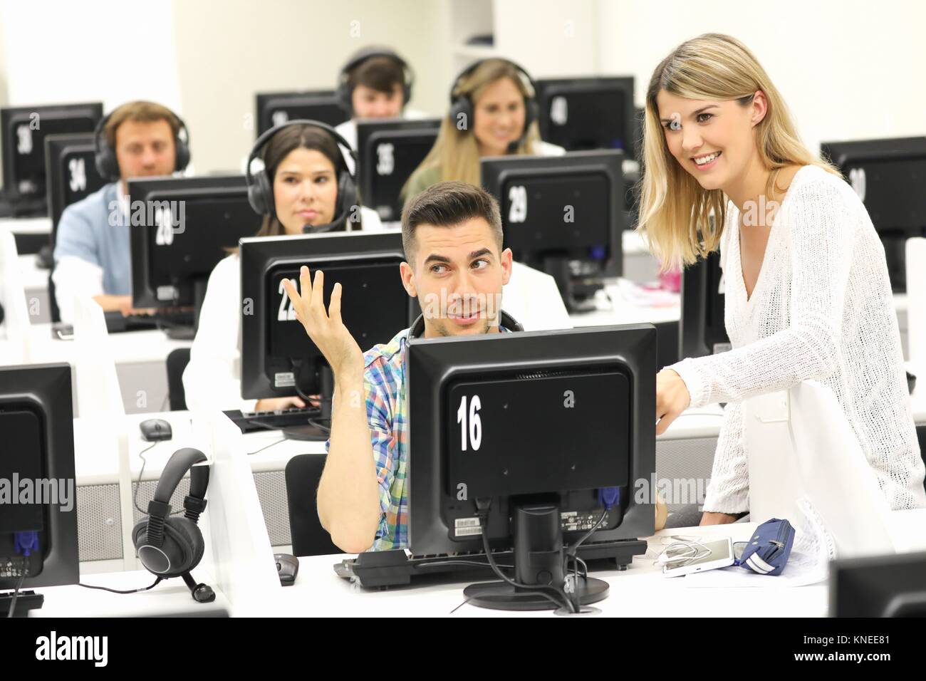 Students in language laboratory, Language training classroom